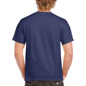 A navy blue Gildan Ultra Cotton adult T-shirt, featuring a plain back view and a logo on the label.
