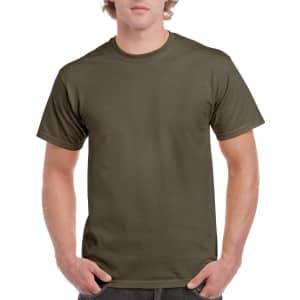 An olive green Gildan Ultra Cotton adult T-shirt on a model, featuring a logo on the front.
