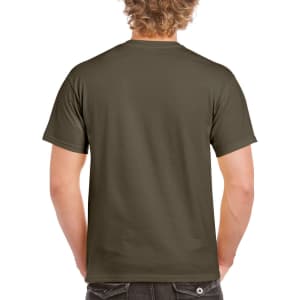 A plain adult t-shirt in olive green, viewed from the back. It features short sleeves and a label at the collar.