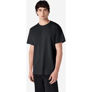 A black Gildan Ultra Cotton adult T-shirt on a model, featuring a simple design and standard fit.