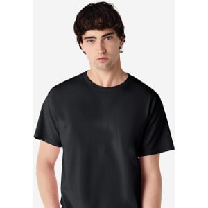A black Gildan Ultra Cotton adult T-shirt displayed on a male model. The T-shirt has a plain design and logo.
