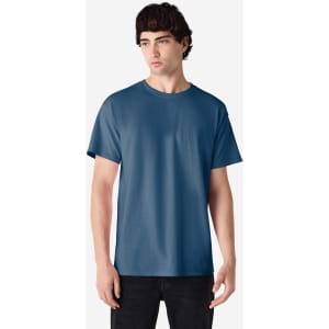 A blue Gildan Ultra Cotton adult T-shirt displayed on a male model, featuring a logo.