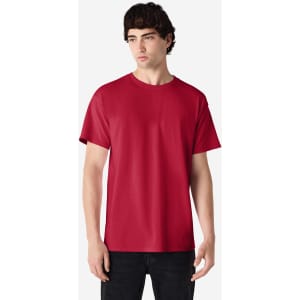 A red Gildan Ultra Cotton adult T-shirt with a plain design and short sleeves, featuring a logo.
