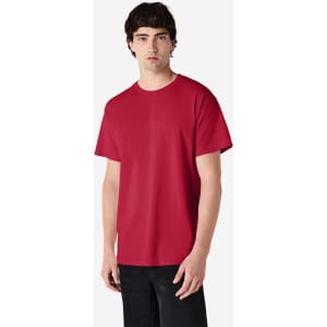 A red Gildan Ultra Cotton adult t-shirt displayed on a model, featuring short sleeves and a round neck.