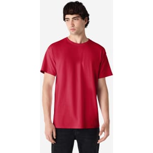 A red Gildan Ultra Cotton adult T-shirt on a model, featuring a basic crew neck and short sleeves.
