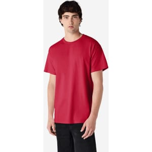 A red Gildan Ultra Cotton adult T-shirt displayed on a model, featuring a simple design and short sleeves.