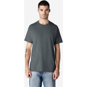 A grey adult T-shirt displayed on a model, featuring short sleeves and a round neckline. It has a logo.