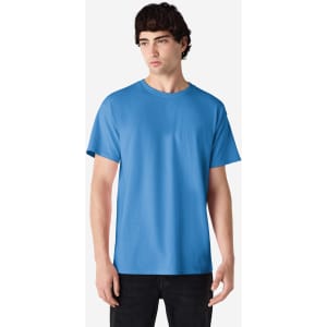 A blue Gildan Ultra Cotton adult t-shirt displayed on a model, featuring a simple design and short sleeves.