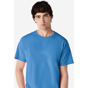 A blue Gildan Ultra Cotton adult T-shirt with short sleeves and a crew neck, featuring a branding logo.