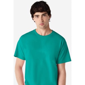 A turquoise adult t-shirt displayed on a model, featuring a classic crew neck and short sleeves.