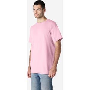 A pink Gildan Ultra Cotton adult T-shirt featuring a crew neck and short sleeves, displayed on a male model.