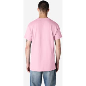 A pink Gildan Ultra Cotton adult T-shirt viewed from the back, featuring a simple design and a logo.