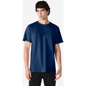 A navy Gildan Ultra Cotton adult T-shirt displayed on a model against a plain background, featuring a logo.