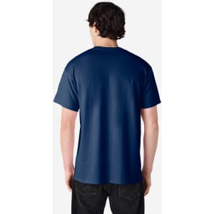 A navy blue Gildan Ultra Cotton Adult T-Shirt displayed from the back, featuring a logo on the neckline.