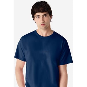 A navy blue Gildan Ultra Cotton adult T-shirt displayed on a model. The shirt has short sleeves and a crew neckline.