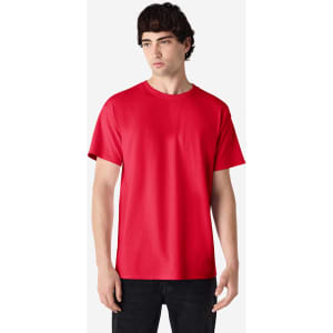 A red Gildan Ultra Cotton adult T-shirt displayed on a model. The shirt has a simple design and round neckline.