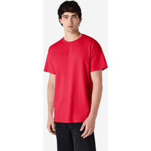 A red Gildan Ultra Cotton adult T-shirt displayed on a model, featuring a simple design and a standard fit.
