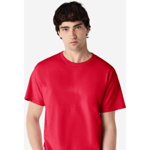 A red Gildan Ultra Cotton adult t-shirt displayed on a model, featuring a simple design and no visible logos.