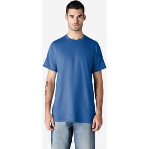 A blue Gildan Ultra Cotton adult t-shirt displayed on a model, featuring a plain design and a logo.