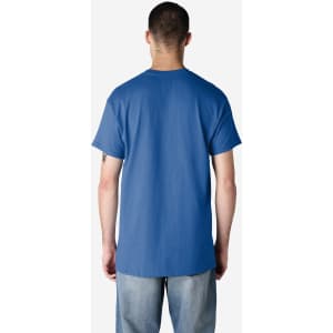 A blue Gildan Ultra Cotton adult t-shirt, viewed from the back, with a plain design and a logo.