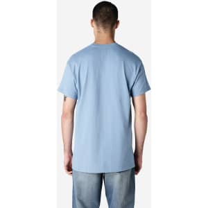 A light blue adult T-shirt, featuring a simple design and a logo on the back.