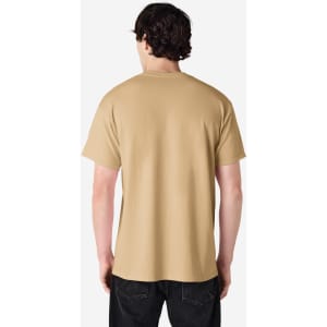 A plain adult T-shirt in a tan colour, featuring a logo on the back.
