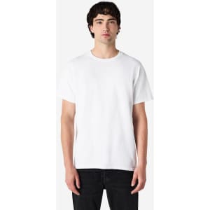A white Gildan Ultra Cotton adult T-shirt on a male model, featuring a simple design and crew neck style.