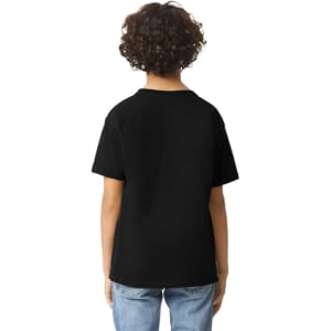 A youth black short sleeve t-shirt with a simple design and a logo on the back, displayed on a child.