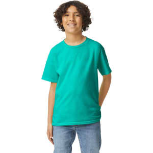 A youth short sleeve T-shirt in a vibrant teal colour, featuring a simple design and a brand logo.