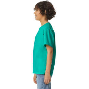A youth short sleeve t-shirt in vibrant teal, featuring a logo on the front, displayed from the side.