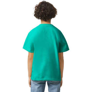 A youth short sleeve T-shirt in vibrant teal, featuring a plain back and a logo.