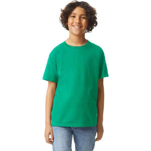 A green short sleeve t-shirt for youth displayed on a smiling child. The t-shirt has a logo on it.
