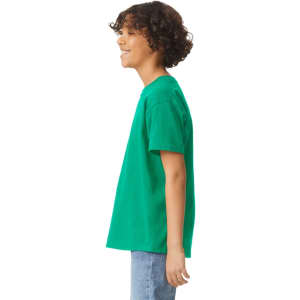 A green youth t-shirt is displayed, featuring short sleeves and a straight cut design. It has a simple branding logo.
