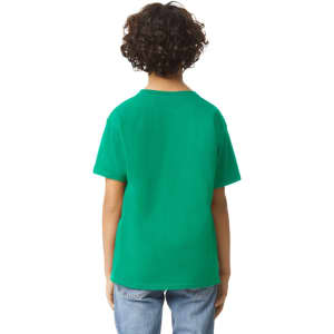 A green Gildan Youth Ultra Cotton short sleeve T-shirt viewed from the back, featuring a simple design and no visible logos.