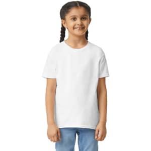 A white Gildan Youth Ultra Cotton short sleeve T-shirt on a smiling child, featuring a logo on the sleeve.