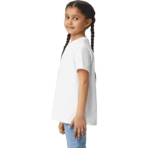 A white youth T-shirt displayed on a child with braided hair, featuring a logo on the back.