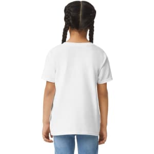 A white short sleeve youth T-shirt with a simple design, featuring a logo on the front.