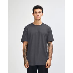 A unisex fine jersey short sleeve T-shirt in dark grey, featuring a simple design and a logo.