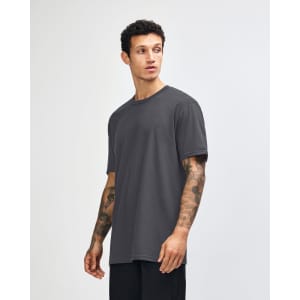 A unisex fine jersey short sleeve t-shirt in dark grey, featuring a plain design and a logo on the side.