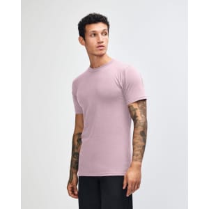 A unisex fine jersey short sleeve t-shirt in a soft mauve colour, displayed from the side. It features a logo.
