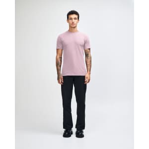 A unisex fine jersey short sleeve t-shirt in a soft mauve colour, featuring a logo.
