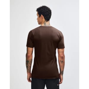 A brown unisex short sleeve t-shirt displayed from the back, featuring a logo.