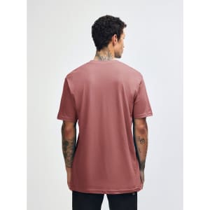 A back view of a pink unisex short sleeve T-shirt, featuring a simple design and casual fit.