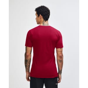 A unisex short sleeve t-shirt in red with a plain back view and a logo on the tag.