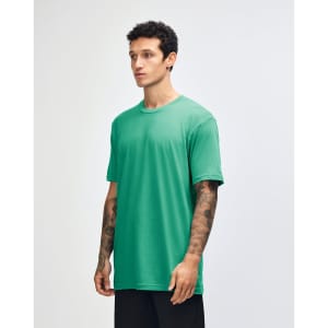 A unisex fine jersey short sleeve t-shirt in a vibrant turquoise colour, displayed from the side.