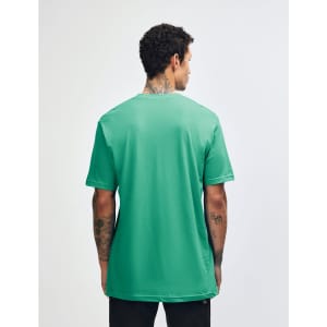 A unisex fine jersey short sleeve T-shirt in a vibrant turquoise colour, featuring a simple design and a branding logo.