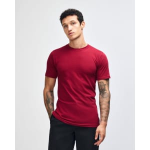 A maroon unisex fine jersey short sleeve t-shirt displayed on a model. The shirt features a logo.