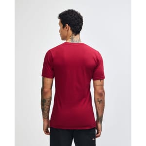 A maroon unisex short sleeve t-shirt with a plain back view. Features a logo on the neck area.