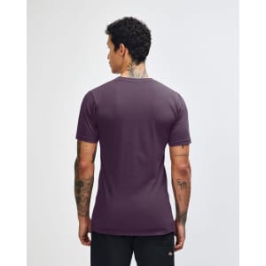A unisex fine jersey short sleeve t-shirt in a deep purple colour, viewed from the back. It has a logo on the back.