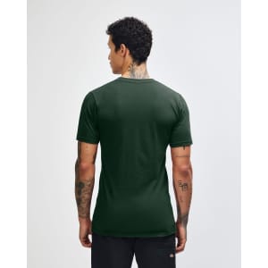 A green unisex short sleeve t-shirt displayed from the back, featuring a plain design and a logo.
